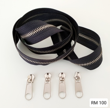 Metallisierter Reißverschluss - schwarz/silber - 5 mm - inkl. 4 Zipper / Meter