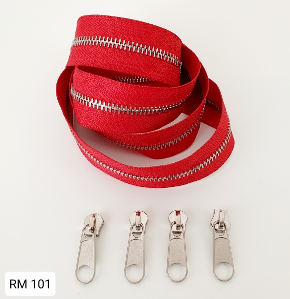Metallisierter Reißverschluss - rot /silber - 5 mm - inkl. 4 Zipper / Meter