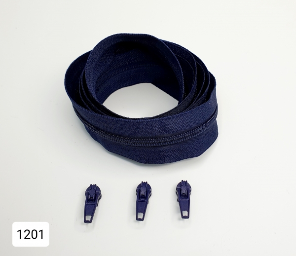 3 Meter Endlos - Reißverschluss - 3 mm - dunkelblau - inkl. 12 Zipper