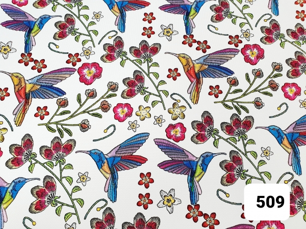 Kunstleder bedruckt, weiß / bunt, Lederimitat, Blumen und Vögel Zuschnitt 50x70cm
