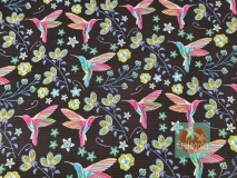 Kunstleder bedruckt, schwarz / bunt, Lederimitat, Blumen und Vögel Zuschnitt 50x70cm